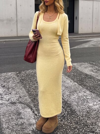 Autumina Women's Cream Yellow Fashion Sexy Slim Fit Long Dress, Date Daily Commute Outfit, Autumn/Winter Sweater 2 Pieces Set