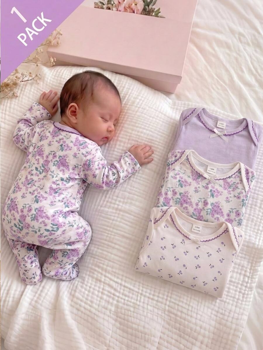 1pc Newborn Comfortable Soft Cozy Mori Style Purple Round Neck Purple Curved Colorblock Stitching Long Sleeve Footed Romper - Mauve Purple - View 1
