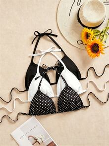 SHEIN Swim Curve 3件組大尺碼女款泳衣上衣，黑色、白色、豹紋印花，可調節細肩帶，極簡日常穿搭比基尼上衣 - 黑與白 - 查看 1