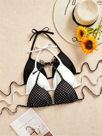 Swim SXY 3pcs Plus Size Women's Swimwear Top, Black, White, Leopard Print, Adjustable Spaghetti Strap, Minimalist Daily Wear Bikini Top