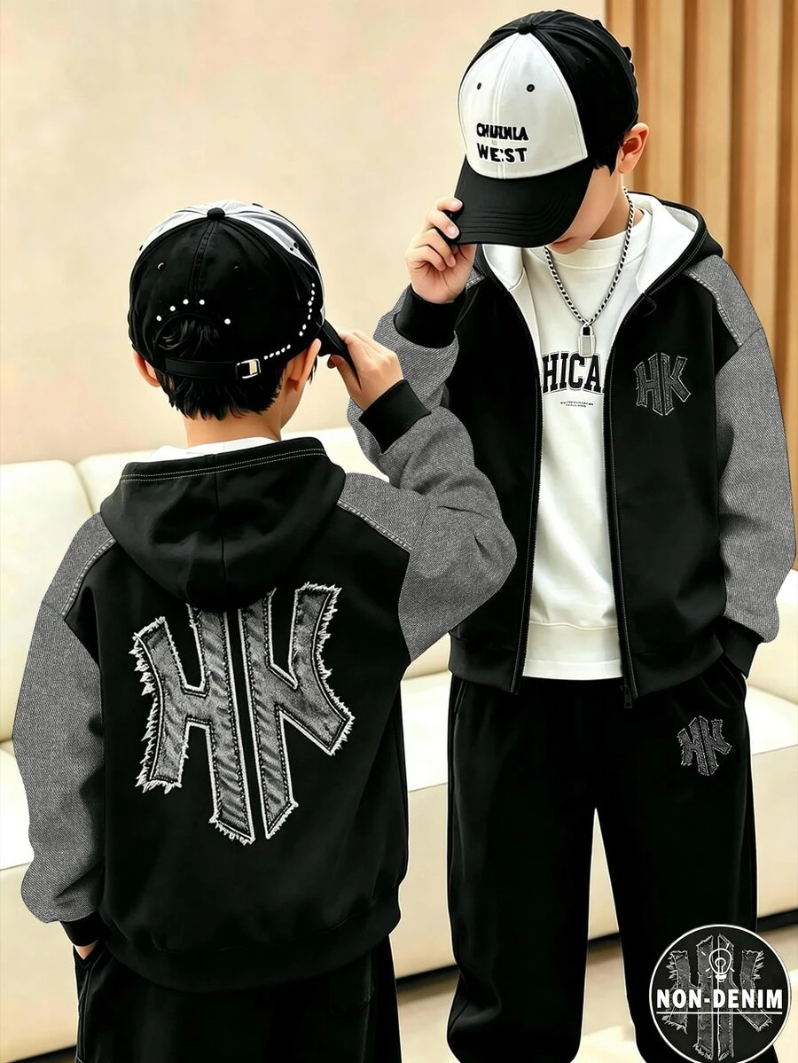 Tween Boys Jacket Streetwear Black Grey Washed Letter Print Pockets Long Sleeve Oversized Hooded Back To School Autumn Fall Jacket - Multicolor - View 1
