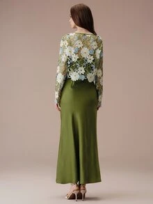BELROSIE Women's Dress Slim A-Line Textured Satin Lace Crochet Floral Bodice Long Sleeve Elegant Formal Vintage Olive White Blue Floral Elegant Long Dress Prom - Multicolor - View 3