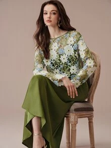 BELROSIE Women's Dress Slim A-Line Textured Satin Lace Crochet Floral Bodice Long Sleeve Elegant Formal Vintage Olive White Blue Floral Elegant Long Dress Prom - Multicolor - View 7