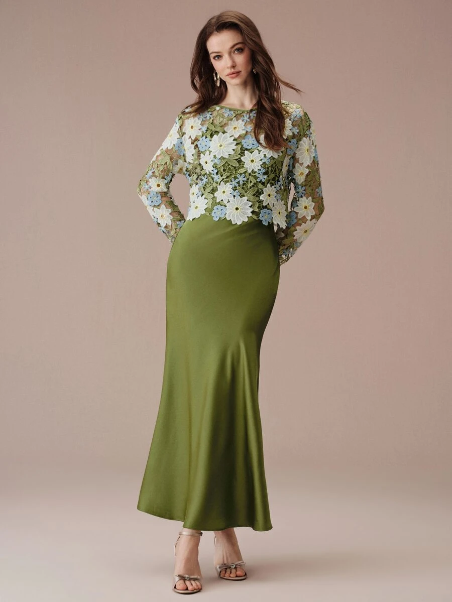 BELROSIE Women's Dress Slim A-Line Textured Satin Lace Crochet Floral Bodice Long Sleeve Elegant Formal Vintage Olive White Blue Floral Elegant Long Dress Prom - Multicolor - View 1