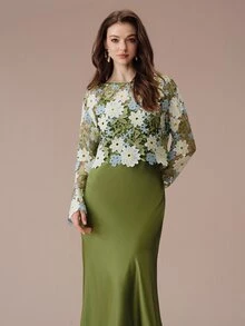 BELROSIE Women's Dress Slim A-Line Textured Satin Lace Crochet Floral Bodice Long Sleeve Elegant Formal Vintage Olive White Blue Floral Elegant Long Dress Prom - Multicolor - View 2