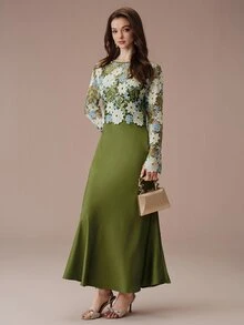 BELROSIE Women's Dress Slim A-Line Textured Satin Lace Crochet Floral Bodice Long Sleeve Elegant Formal Vintage Olive White Blue Floral Elegant Long Dress Prom - Multicolor - View 6
