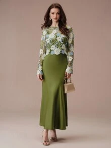 BELROSIE Women's Dress Slim A-Line Textured Satin Lace Crochet Floral Bodice Long Sleeve Elegant Formal Vintage Olive White Blue Floral Elegant Long Dress Prom - Multicolor - View 5