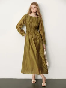 Aveloria Modichic Dress High Waist A-Line Textured Satin Vertical Accordion Pleats Lantern Sleeve Elegant Formal Work Bar Party Olive Green Solid Long Autumn - Olive Green - View 6