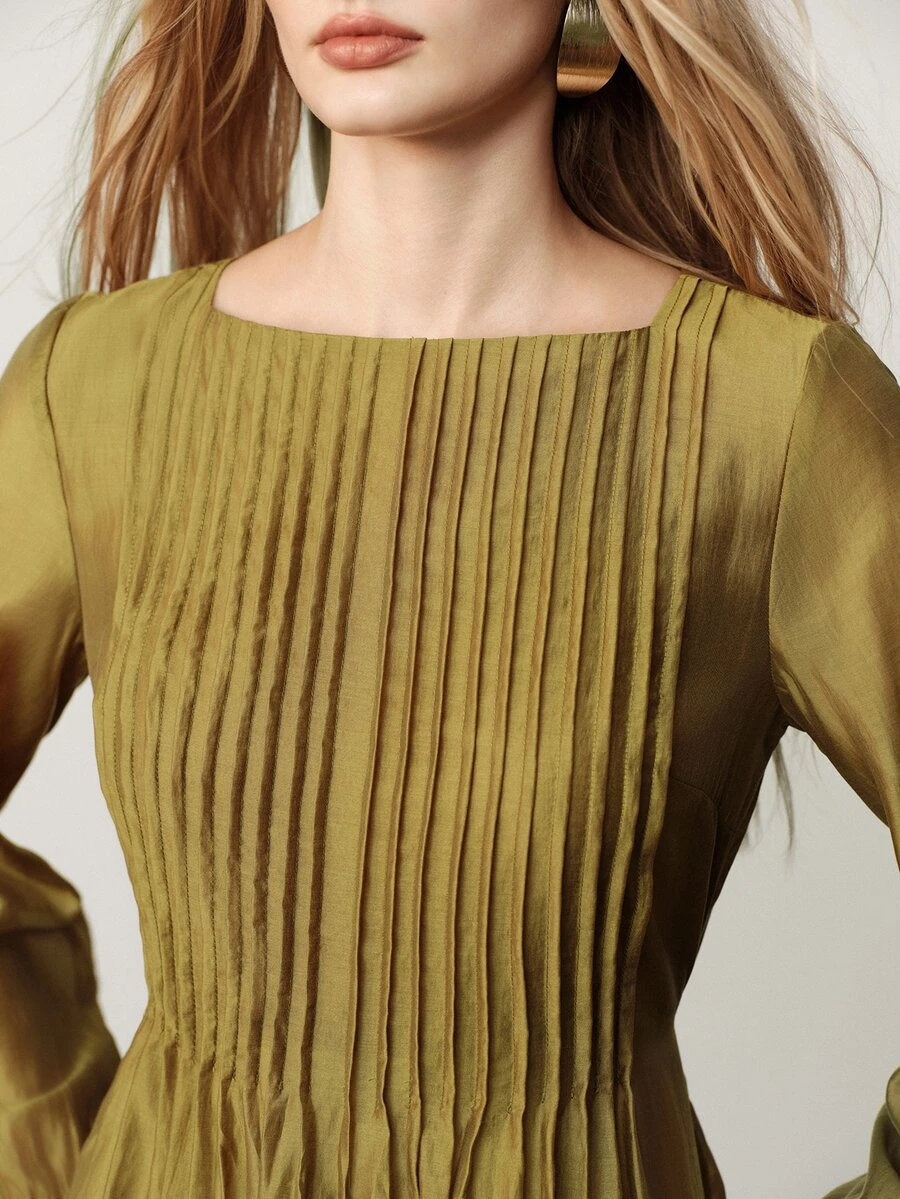 Aveloria Modichic Dress High Waist A-Line Textured Satin Vertical Accordion Pleats Lantern Sleeve Elegant Formal Work Bar Party Olive Green Solid Long Autumn - Olive Green - View 1