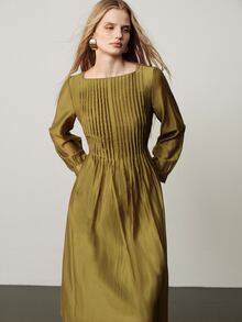 Aveloria Modichic Dress High Waist A-Line Textured Satin Vertical Accordion Pleats Lantern Sleeve Elegant Formal Work Bar Party Olive Green Solid Long Autumn - Olive Green - View 5