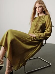 Aveloria Modichic Dress High Waist A-Line Textured Satin Vertical Accordion Pleats Lantern Sleeve Elegant Formal Work Bar Party Olive Green Solid Long Autumn - Olive Green - View 7