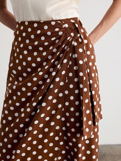 SHEIN Falda ajustada asimétrica de cintura alta con abertura, lazo y plisado en color marrón oscuro elegante para mujer, ideal para vacaciones