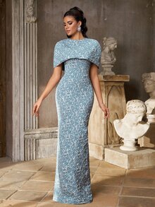 Aureia Elegant Glamorous Blue-Green Jacquard Fabric Slim Fit 2-Piece Set Top Bolero Strapless Bodycon Mermaid Floor-Length Skirt With Back Slit For Wedding P - Gray Blue - View 11