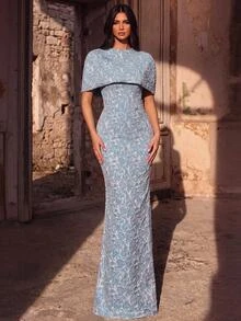 Aureia Elegant Glamorous Blue-Green Jacquard Fabric Slim Fit 2-Piece Set Top Bolero Strapless Bodycon Mermaid Floor-Length Skirt With Back Slit For Wedding P - Gray Blue - View 4