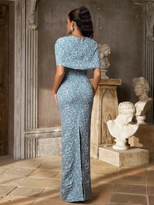 Aureia Elegant Glamorous Blue-Green Jacquard Fabric Slim Fit 2-Piece Set Top Bolero Strapless Bodycon Mermaid Floor-Length Skirt With Back Slit For Wedding P - Gray Blue - View 10