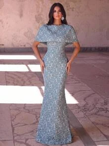 Aureia Elegant Glamorous Blue-Green Jacquard Fabric Slim Fit 2-Piece Set Top Bolero Strapless Bodycon Mermaid Floor-Length Skirt With Back Slit For Wedding P - Gray Blue - View 3
