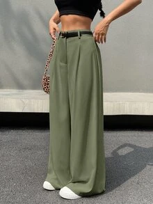 SHEIN EZwear 女式纯色前拉链阔腿裤，秋季 - 綠色 - 查看 1