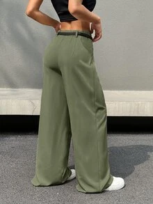 SHEIN EZwear 女式纯色前拉链阔腿裤，秋季 - 綠色 - 查看 2