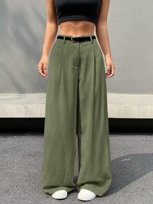 SHEIN EZwear 女式纯色前拉链阔腿裤，秋季 - 綠色 - 查看 3