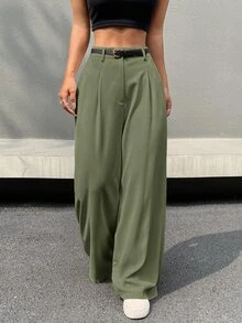 SHEIN EZwear 女式纯色前拉链阔腿裤，秋季 - 綠色 - 查看 4