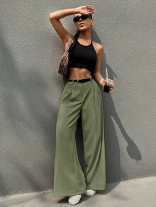 SHEIN EZwear 女式纯色前拉链阔腿裤，秋季 - 綠色 - 查看 6