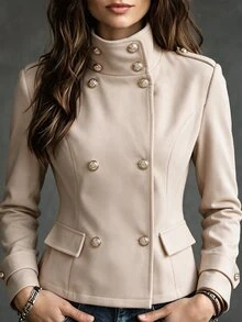 EMERY ROSE Mantel Panjang Berkancing Ganda untuk Musim Gugur - Khaki - View 5