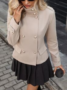EMERY ROSE Mantel Panjang Berkancing Ganda untuk Musim Gugur - Khaki - View 3