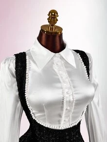 Amplova Women's French Sweet Style Faux Pearl Decorated Blouse - White - View 15
