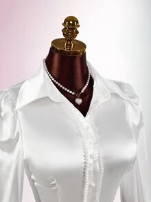 Amplova Women's French Sweet Style Faux Pearl Decorated Blouse - White - View 9