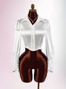 Amplova Women's French Sweet Style Faux Pearl Decorated Blouse - White - View 4