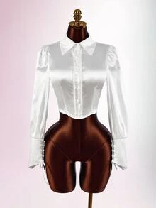 Amplova Women's French Sweet Style Faux Pearl Decorated Blouse - White - View 14