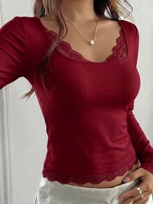Modelyn Women's Burgundy Knit Long Sleeve Lace Trim Casual Elegant Romantic T-Shirt, Autumn Top Night Out - Burgundy - View 5