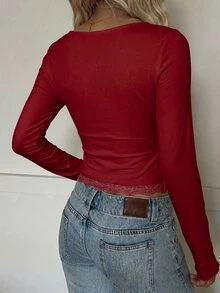 Modelyn Women's Burgundy Knit Long Sleeve Lace Trim Casual Elegant Romantic T-Shirt, Autumn Top Night Out - Burgundy - View 2