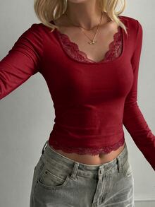 Modelyn Women's Burgundy Knit Long Sleeve Lace Trim Casual Elegant Romantic T-Shirt, Autumn Top Night Out - Burgundy - View 6