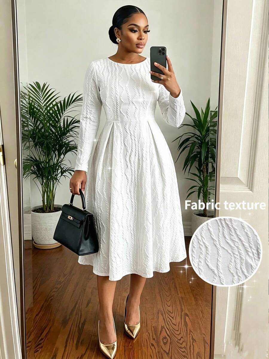 SHEIN Lady CURVE 大尺碼時尚通勤休閒優雅純色紋理洋裝,秋季婚禮正式早午餐穿搭,全白 - 白色 - 查看 1