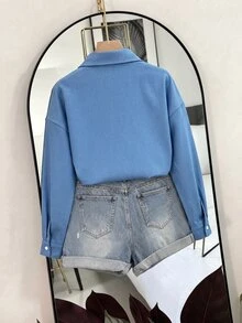 EMERY ROSE Atasan Wanita Kasual dengan Hiasan Bordir Payet, Renda, dan Kain Tulle dengan Tali di Depan - Biru - View 2