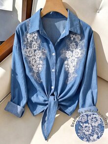 EMERY ROSE Atasan Wanita Kasual dengan Hiasan Bordir Payet, Renda, dan Kain Tulle dengan Tali di Depan - Biru - View 5