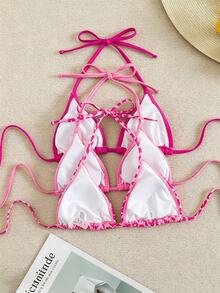 SHEIN Swim Curve 大尺碼女款 3 件組泳衣上衣套裝，黑白多色針織豹紋隨機圖案細肩帶簡約休閒比基尼上衣 - 粉色 - 查看 2