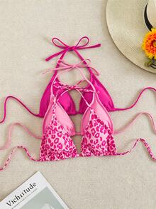 SHEIN Swim Curve 大尺碼女款 3 件組泳衣上衣套裝，黑白多色針織豹紋隨機圖案細肩帶簡約休閒比基尼上衣 - 粉色 - 查看 1