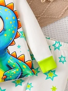 SHEIN Baby Boy 3D Dinosaur Glow In Dark UV Light Activated Pattern Long Sleeve Rashguard Top And Leggings 2 Pieces Pajama Set - Apricot - View 8