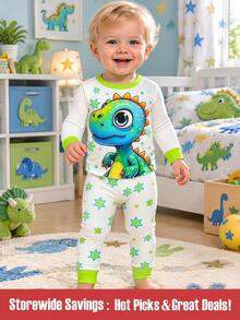 SHEIN Baby Boy 3D Dinosaur Glow In Dark UV Light Activated Pattern Long Sleeve Rashguard Top And Leggings 2 Pieces Pajama Set - Apricot - View 2