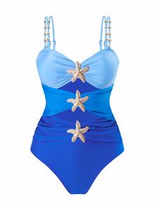 Swim Oasis Plus Size Onepiece Swimsuit, Ombre Blue To Navy Starfish Metal Decor, Simple & Elegant Beach Outfit For Women, Summer - Multicolor - View 4