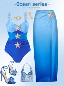 Swim Oasis Plus Size Onepiece Swimsuit, Ombre Blue To Navy Starfish Metal Decor, Simple & Elegant Beach Outfit For Women, Summer - Multicolor - View 2