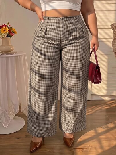 SHEIN MOD Plus Size Women's Brown Houndstooth Casual Loose High Waist Suit Pants, Brown Wide Leg Suit Trousers. Commute, Daily, Vintage, Academic