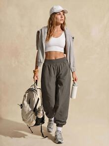 Exploreva Exploreva Women's Casual Alt Solid Color Drawstring Outdoor Pants Trail Running Gray Summer - Grey - View 1