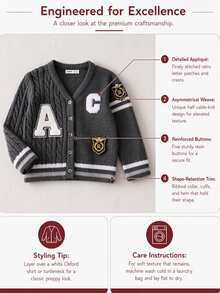 SHEIN Young Boy Letter Patch Long Sleeve Single-Breasted Knit Cardigan - Grey - View 3