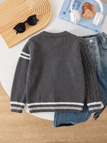 SHEIN Young Boy Letter Patch Long Sleeve Single-Breasted Knit Cardigan - Grey - View 2