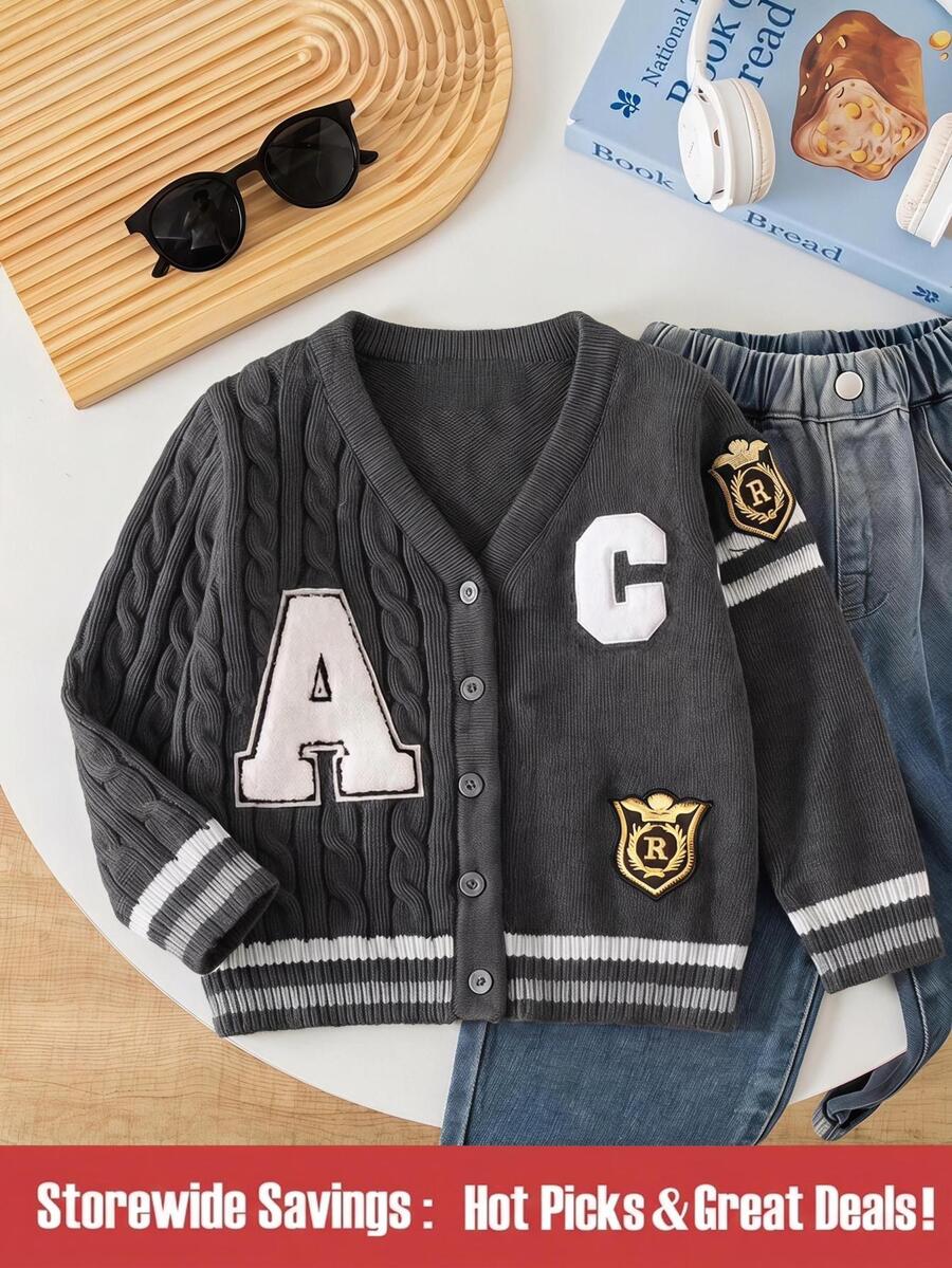 SHEIN Young Boy Letter Patch Long Sleeve Single-Breasted Knit Cardigan - Grey - View 1