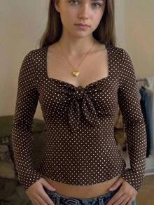 SHEIN 兒童青少年女孩長袖上衣 前面蝴蝶結 棕色與白色波點甜美上衣 適合學校、秋季、可愛、萬聖節、Y2K、度假/復古/聖誕節 - 棕色 - 查看 2