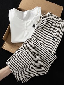 Teen Girls Summer Embroidered Round Neck White Short Sleeve T-Shirt And Striped Print Wide Leg Pants Set Summer Outfits Striped Shirts - Black and White - View 2